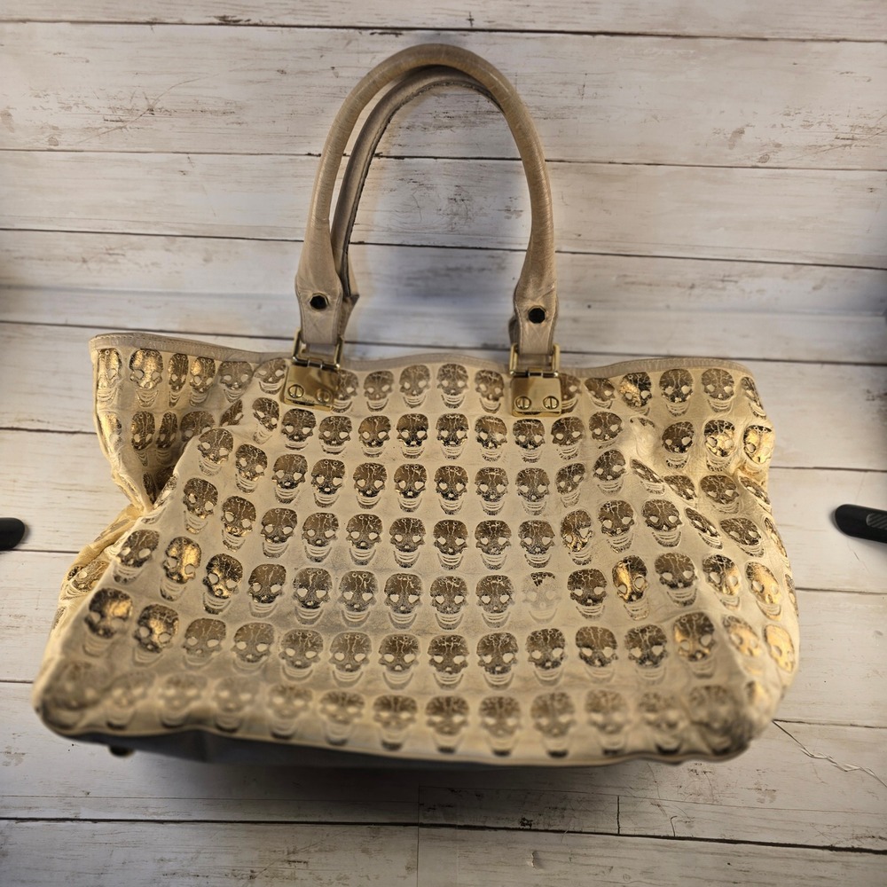 Treesje Leather Tote Bag Metallic Gold Skull Print Bge Cream Handbag w dust bag